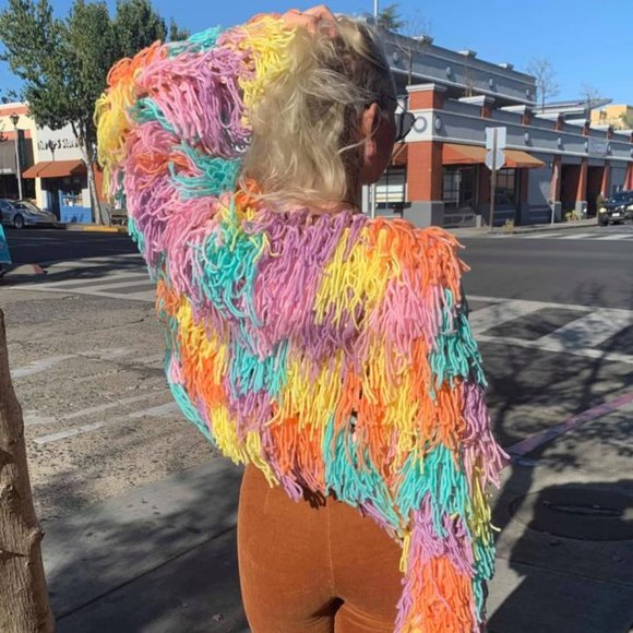 Yarn String Coat Jacket Rainbow Pastel Festival - Picture 1 of 7